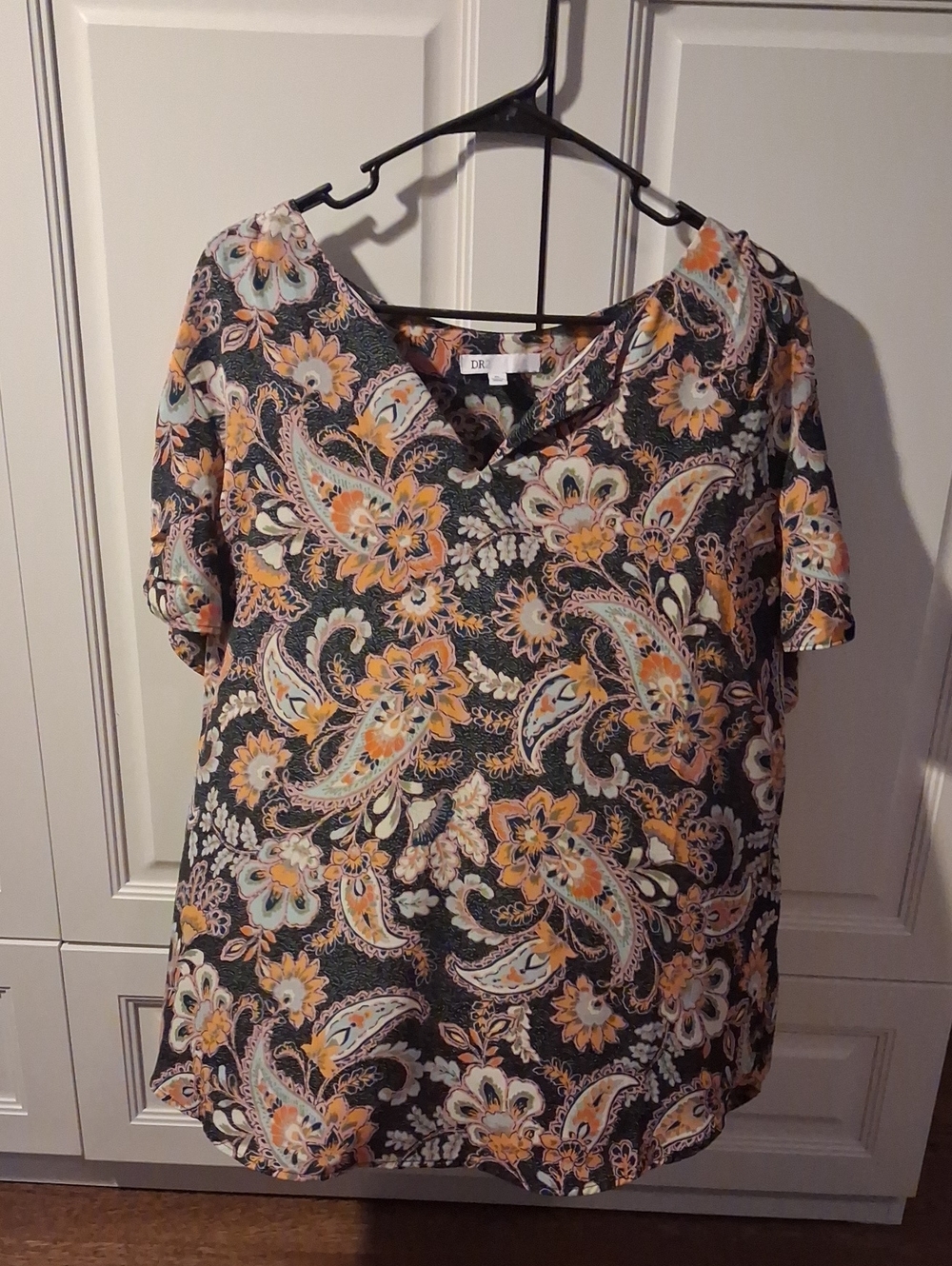 3/$12 DR2 Black Paisley Floral V-Neck Blouse with Orange and Cream Accents